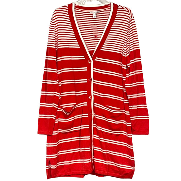Isaac Mizrahi Sz L Long Duster Cardigan V-Neck Long Sleeve Red/White Stripe New - Picture 11 of 11